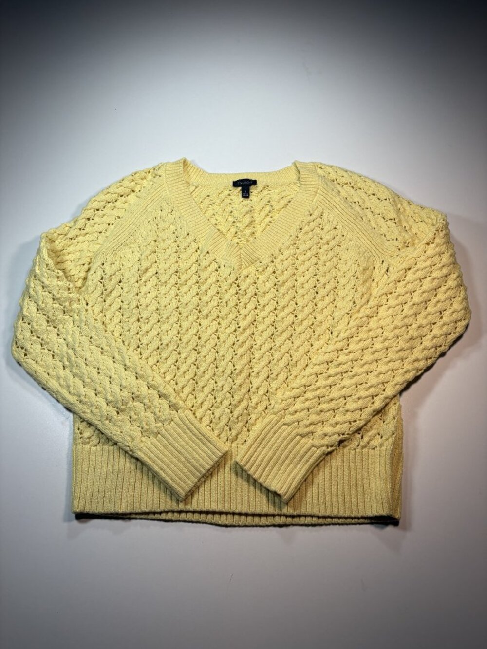 Talbots Butter Yellow Openwork Cable Knit Cotton Sweater Size Small